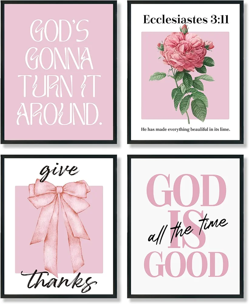 ULEGIE Pink Christian Bible Verse Wall Art Prints Set of 4, Christian Gifts for Women, Coquette Pink Bow Floral Christian Posters Wall Decor for Girls Bedroom Apartment College Dorm, 8x10 Unframed