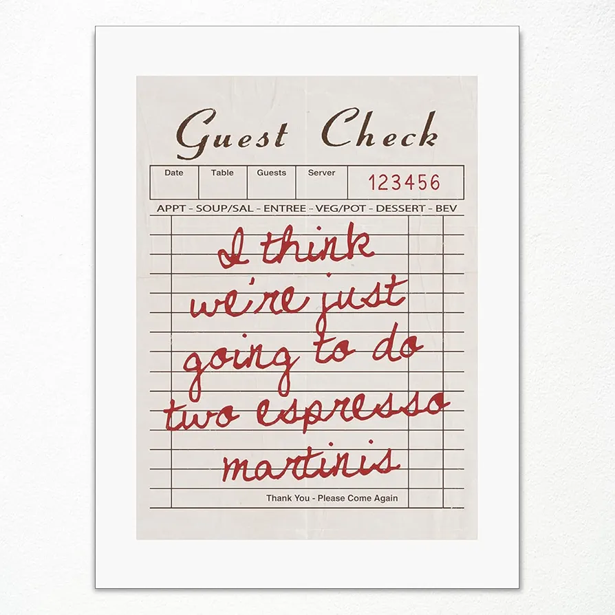 abrtolpffo Guest Check Canvas Wall Art, Vintage Bar Cart Art Print, Red Brown Receipt Poster, Coffee Shop Picture for Wall, Cocktails Espresso Martini Wall Art Print 12x16in Unframed
