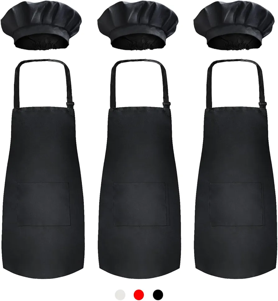 Novelty Place Kids Apron with Chef Hat Set (3 Set) - Skin-friendly Children’s Bib with Pocket - Cooking, Baking, Painting, Training Wear - Kid's Size (6-12 Year, Black)