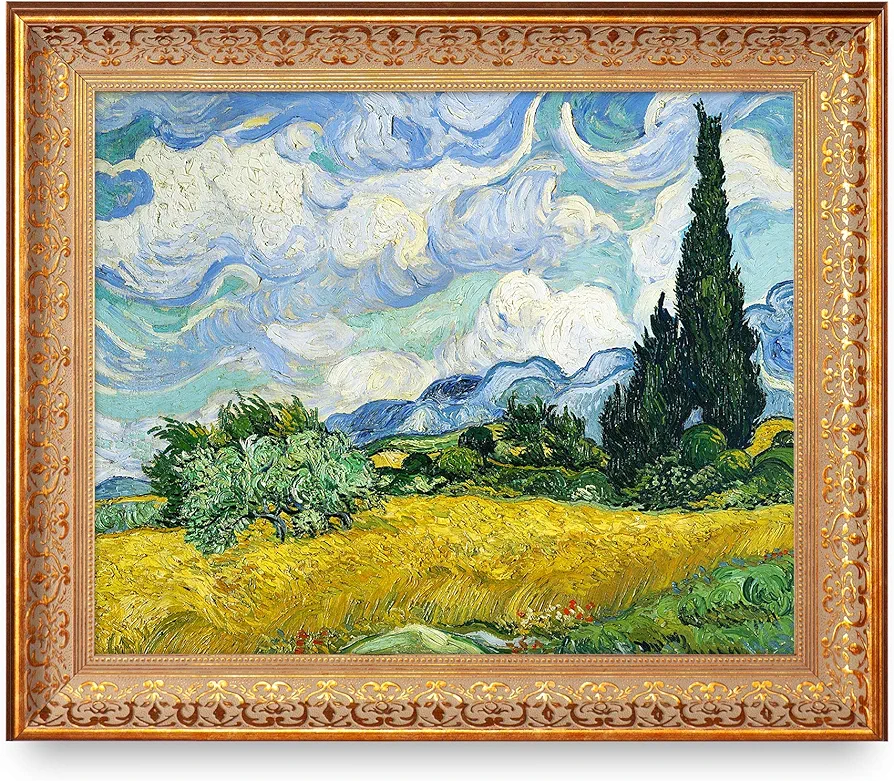 Wheat Field with Cypresses by Van Gogh Framed Size:24.5 x 20.5 inches,Image Size:20x16 inches,Vintage Pattern Gold Frame The World Classic Art Reproductions, Giclee Prints Wall Art for Home Décor