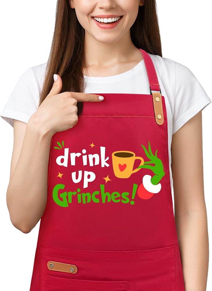 Christmas Baking Apron for Women Men with 2 Pockets, Adjustable Kitchen Cooking Aprons, Cute Funny Xmas Aprons Gifts for Bakers Mom Wife Husband, Drink Up Grinches