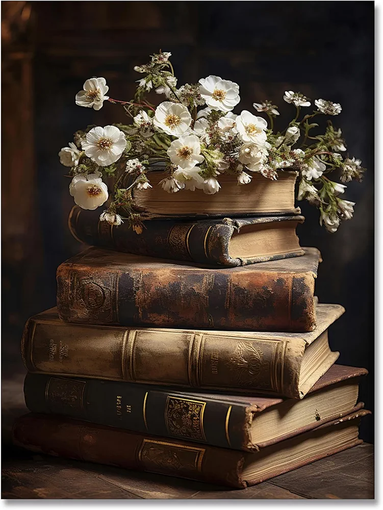 WAYUWGAN Vintage Floral Wall Art Moody Books Still Life Pictures Rustic Antique Art Oil Painting Prints Dark Academia Decor Posters for Room Aesthetic Bedroom Wall Decor 12x16in Unframed