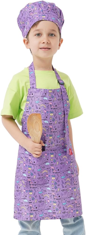 Kids Apron and Chef Hat Set, Children's Kitchen Cooking Aprons with 2 Pockets for Boys Girls Toddler Painting Baking
