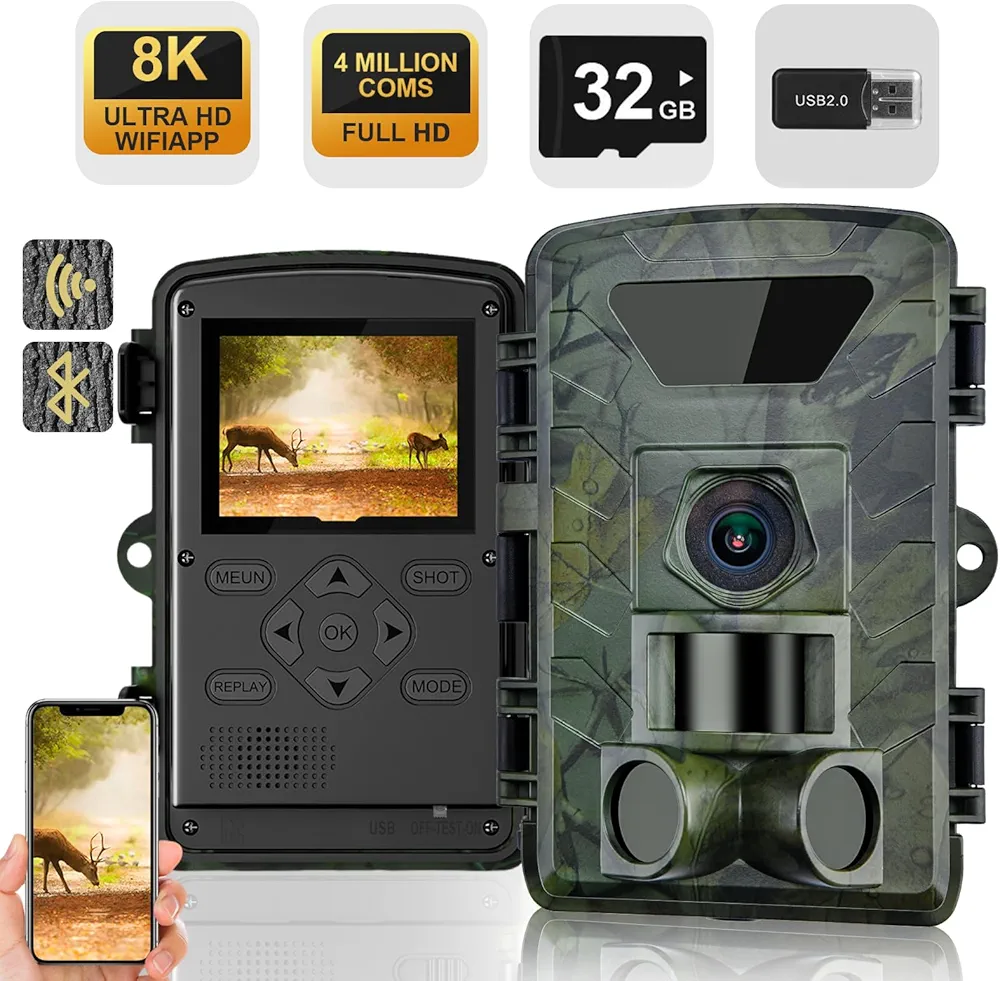 Trail Camera,8K 60MP WiFi Game Camera with No Glow Night Vision, 0.1s Trigger Motion Activated,IP66 Waterproof Hunting Camera for Outdoor Wildlife Monitoring or Property Security with 32GB SD Card