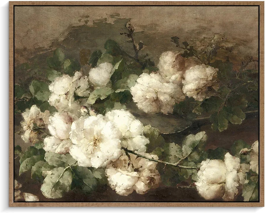 Pinetree Art Framed Canvas Wall Art for Living Room Decor, Vintage Floral Painting Wall Art Prints Rustic Farmhouse Bedroom Bathroom Decor (8" x 10", Blooming White Flowers)