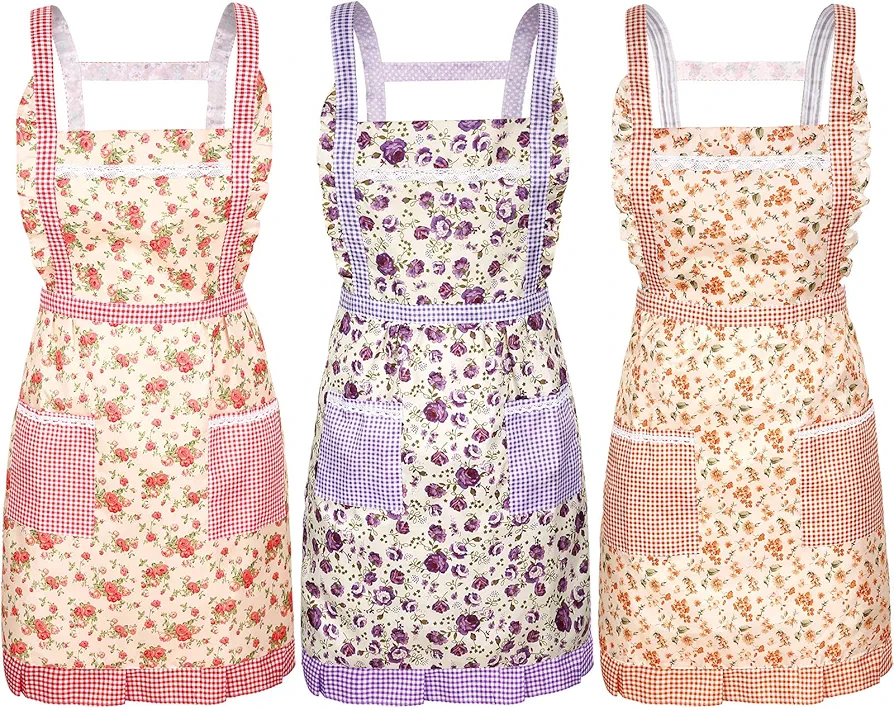 Syhood 3 Pieces Kitchen Floral Aprons Soft Flower Aprons Women Chef Aprons Adjustable Cooking Aprons with Pockets for Kitchen Cooking Baking Gardening Household Cleaning Supplies, 3 Colors