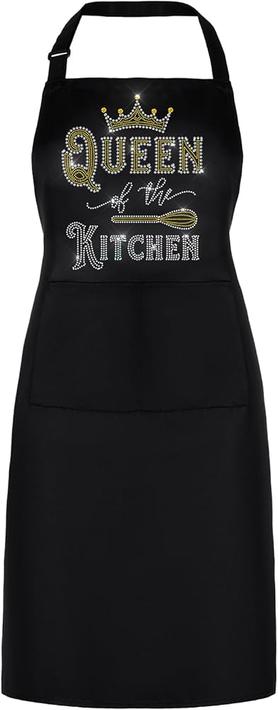 Funny Aprons for Women, Queen of The Kitchen Cooking Aprons, Women Rhinestone Custom Aprons, Adjustable Chef Baking Aprons Bib Black Aprons Gifts for Mom Wife Sister Grandma Grandmother