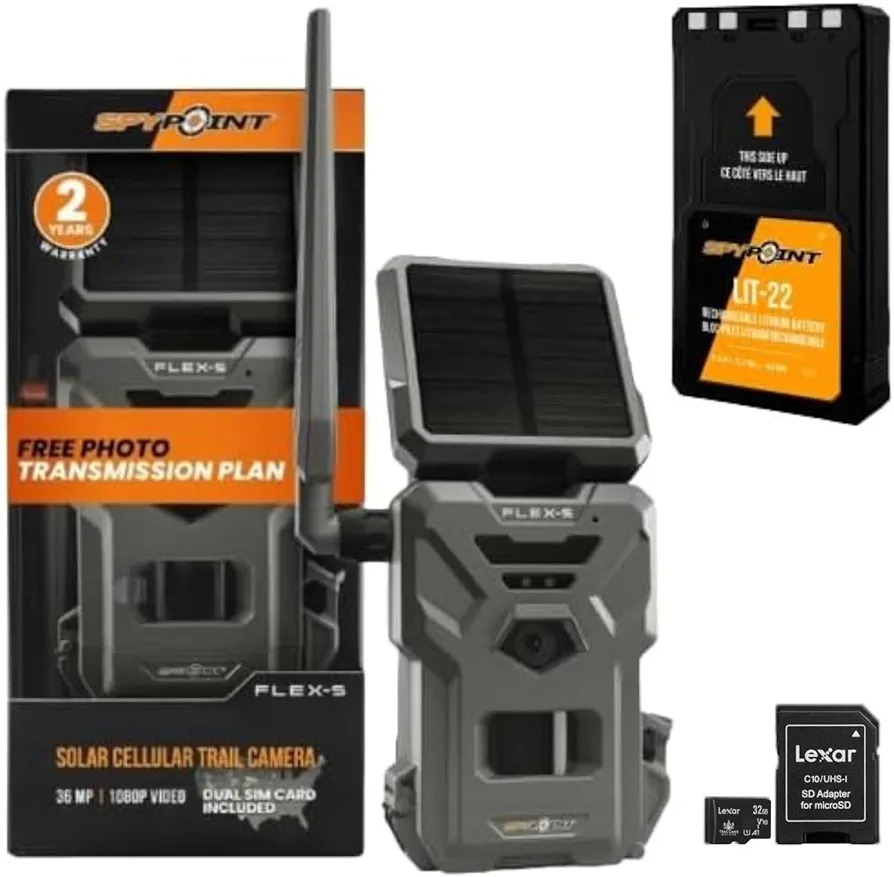 SPYPOINT Flex-S Solar Cellular Hunting Trail Camera, Integrated Solar Panel, On-Demand Capable, LTE Connectivity, 100-foot Flash/Detection Range, Internal Battery + SD Card + LIT-22 Battery