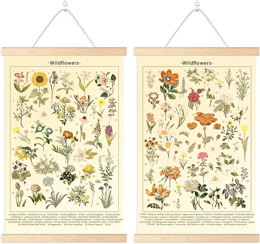 Chenkaiyang 2 Pcs Vintage Hanging Poster,Flowers Wall Hanging Botanical Rustic Retro Wall Art Prints Flower Chart Posterfor Living Room Decor,12.7 X 21.6 Inch