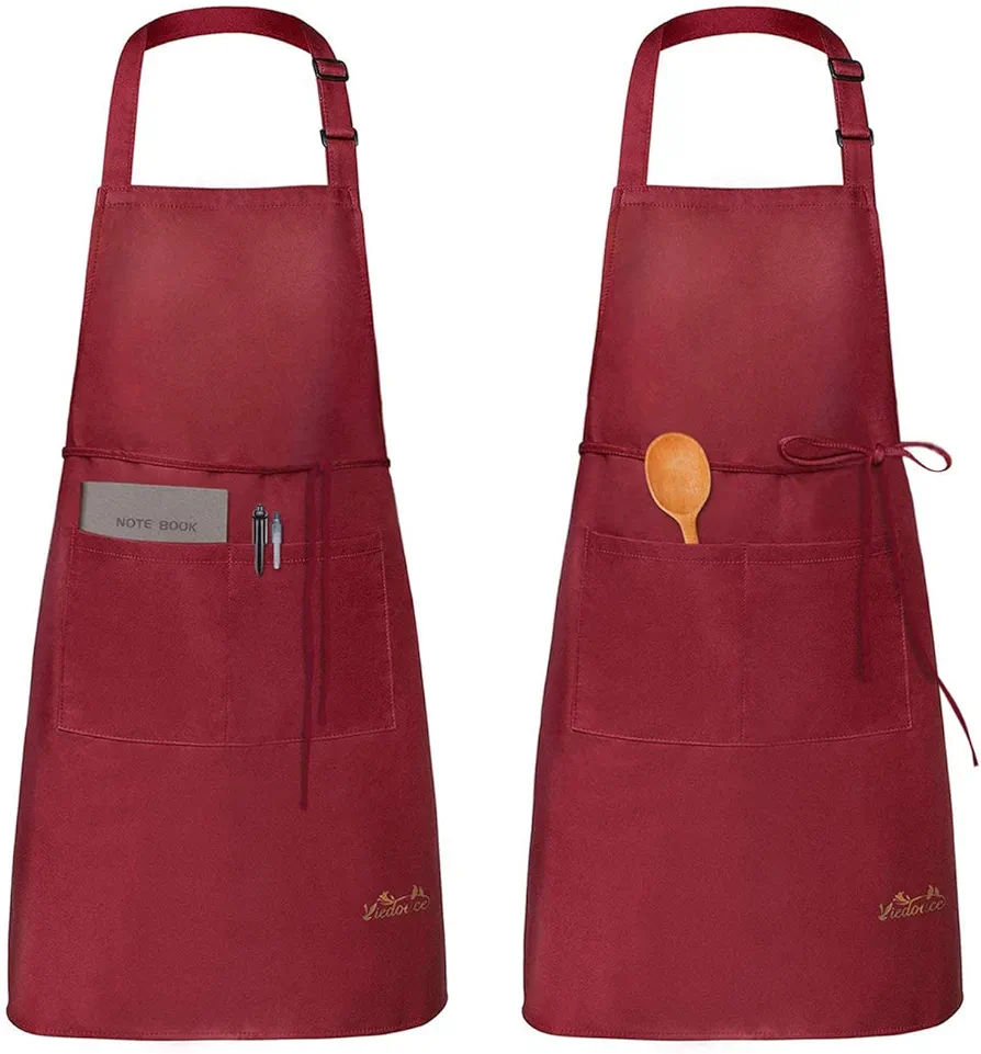 Viedouce 2 Packs Aprons Cooking Kitchen Waterproof,Adjustable Chef Apron with 2 Pockets for Home,Restaurant,Craft,Garden,BBQ,School,Coffee House,Apron for Men Women, Red
