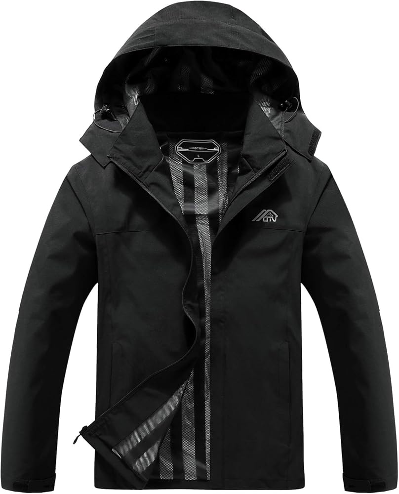 OTU Men's Lightweight Waterproof Hooded Rain Jacket Outdoor Raincoat Shell Jacket for Hiking Travel