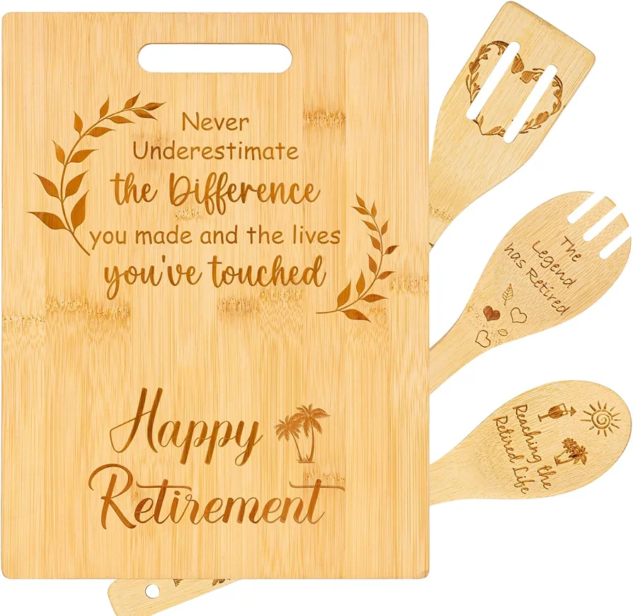 Retirement Gifts for Women Men, Happy Retirement Cutting Boards with Utensil Set Gifts Farewell Coworker Leaving Gifts for Female Teachers Nurses Boss Mom Grandma Friends Retirees (Retirement)