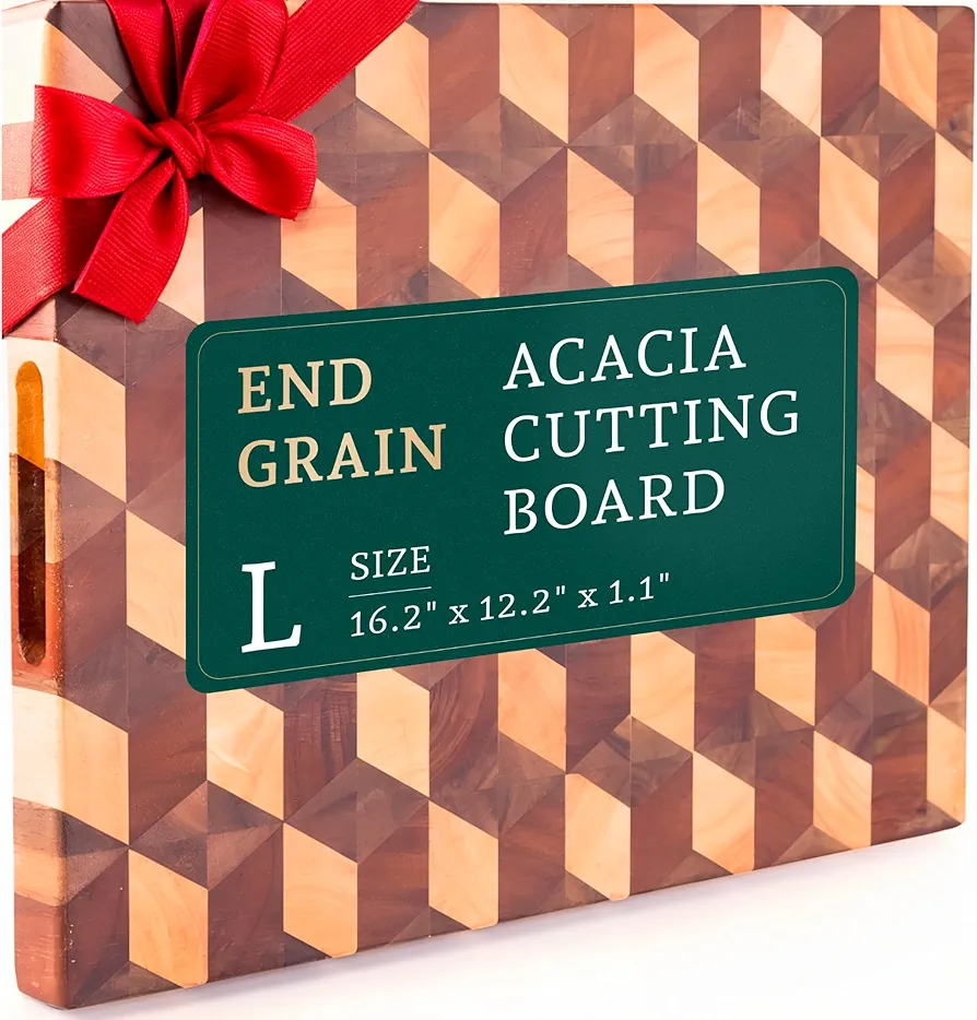 Handcrafted 3-D Checkered Acacia Wood Cutting Board - Reversible End Grain Large Butcher Block Cutting Board Serving Tray for Prep & Presentation - Multipurpose Wooden Charcuterie Board with Handles