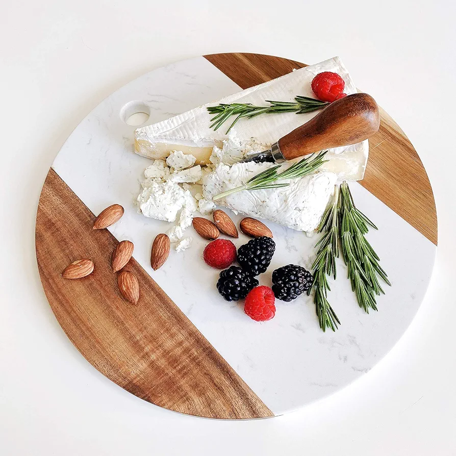 Marble Cheese Board with Acacia Accent 12" Round - Beautifully Handcrafted Charcuterie Board for Two - Round Cutting Board - Wonderful Housewarming Gift 11x11x0.6 inches