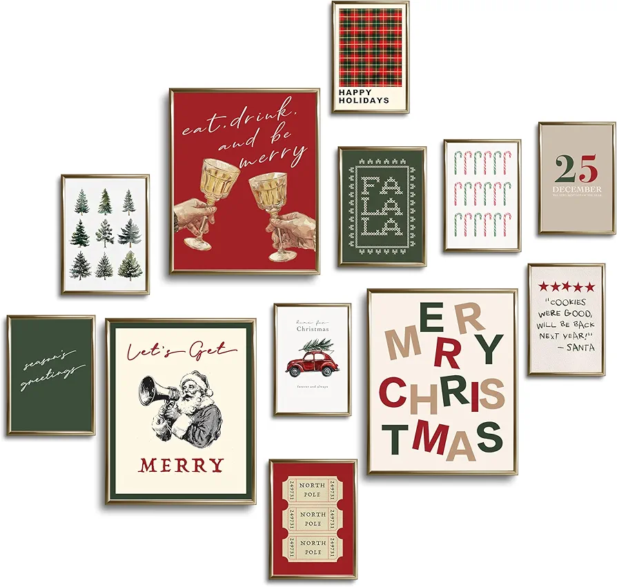 TwoDays Trendy Christmas Wall Art, Retro Holiday Classic Xmas Aesthetic Poster for Room Decor, Santa Pine Tree Cheers Gallery Artwork Prints. (Multi Sizes, 8" X 10" Largest, Set of 12, UNFRAMED)