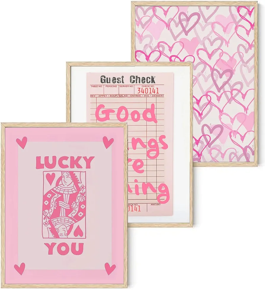 Djmwtb Trendy Preppy Poster Pink Lucky You Canvas Wall Art Prints 3 Pcs Queen of Hearts Poker Aesthetic Pictures Retro Guest Check Decor Painting for Living Room Bedroom Bathroom 12x16in Unframed