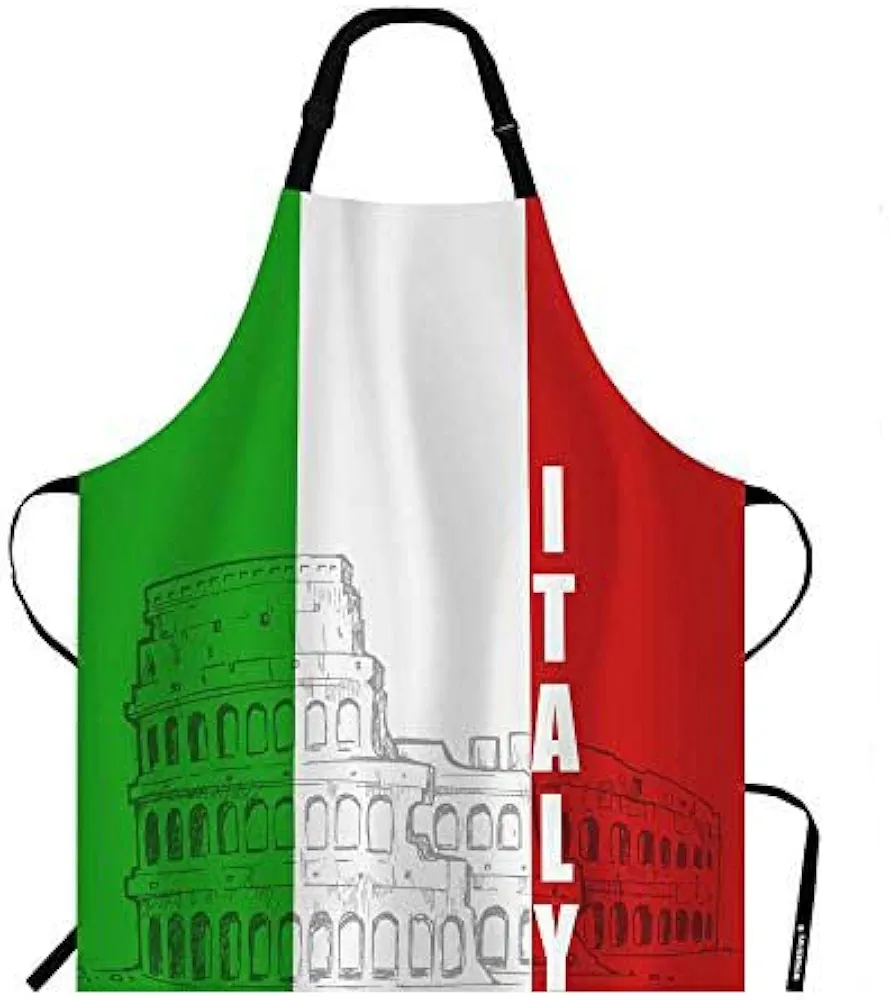 WONDERTIFY Roman Colosseum Italy Flag Apron,Antique Civilization Amphitheatre Archeology Architecture Green White Red Bib Apron with Adjustable Neck for Men Women,Suitable for Kitchen Cooking Apron