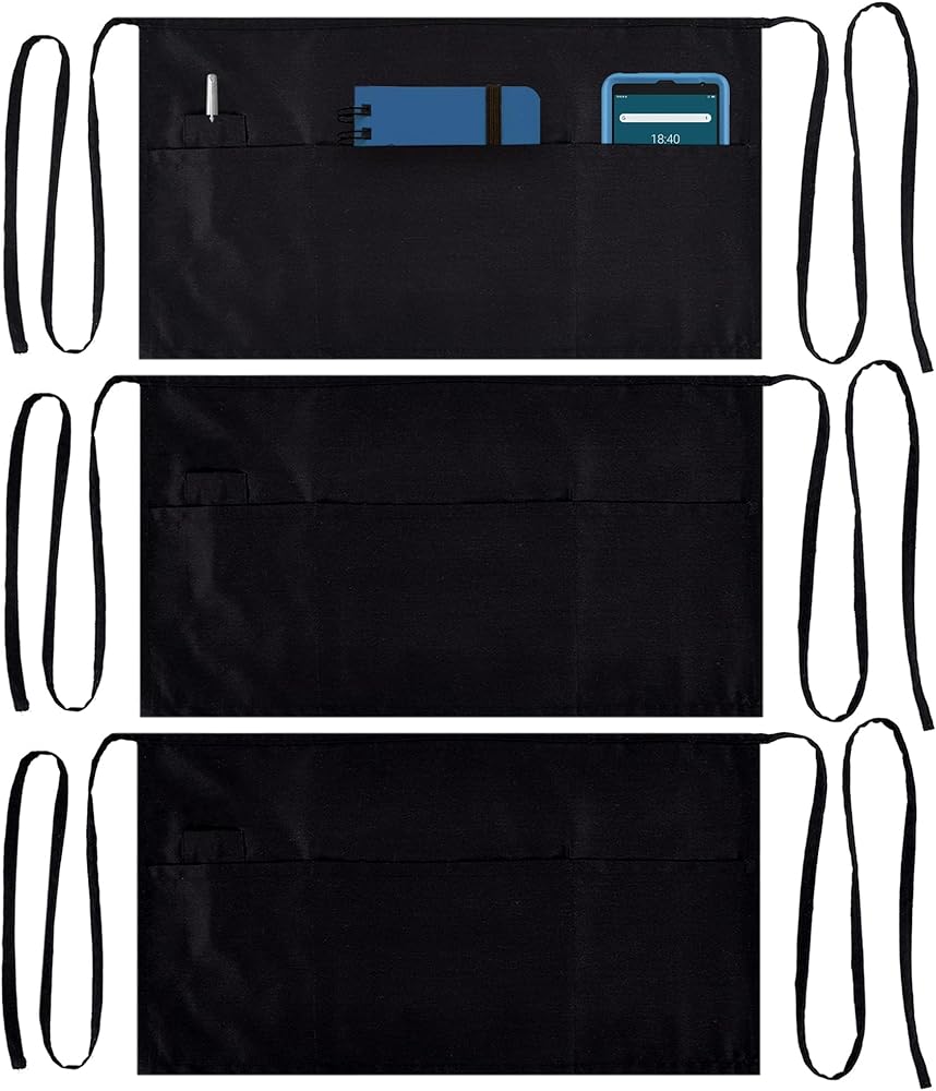 Half-Length Aprons with 4 Pockets | Water-Resistant Cotton Server Apron, Adjustable Straps & Lightweight