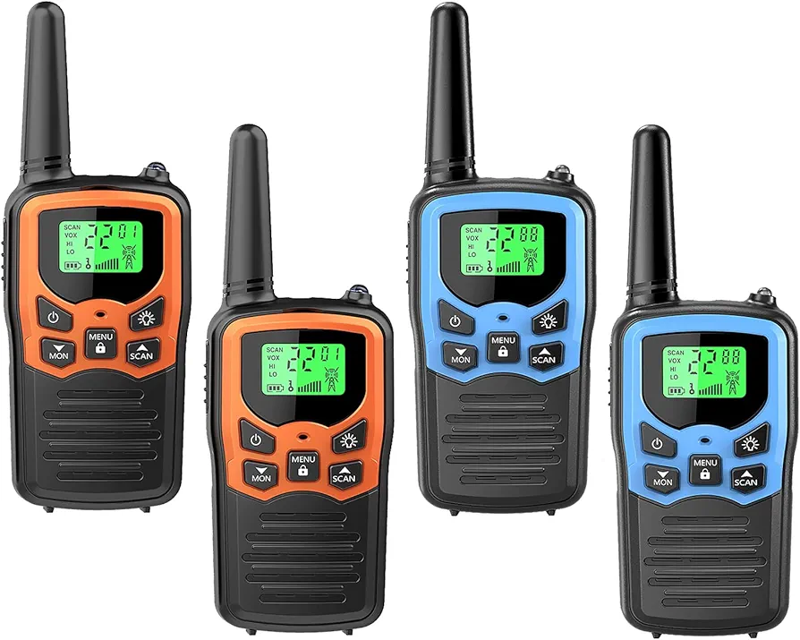 Walkie Talkies, MOICO Long Range Walkie Talkies for Adults with 22 FRS Channels, Family Walkie Talkie with LED Flashlight VOX LCD Display for Hiking Camping Trip (2Orange & 2Blue)