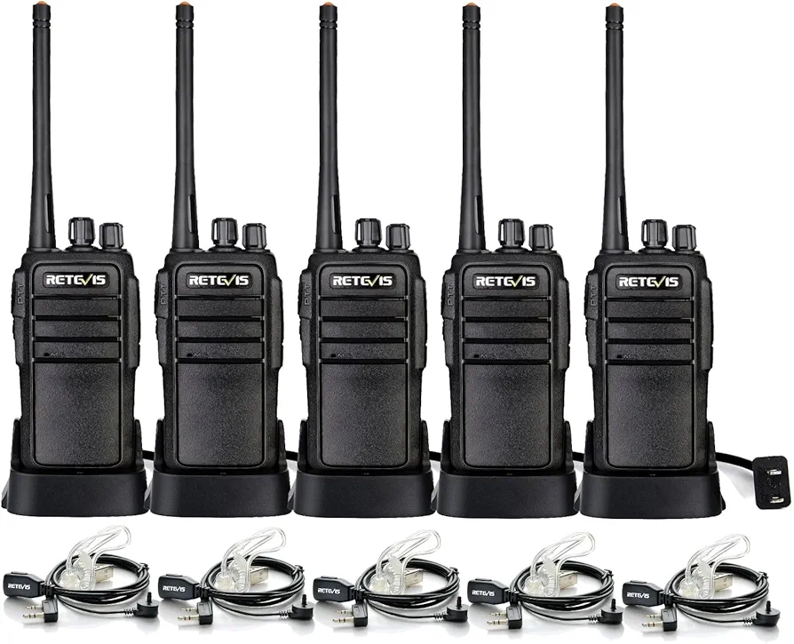 Retevis RT21 Walkie Talkies for Adults Long Range, Handfree Rugged Two Way Radio with Earpiece for Commercial Construction Warehouse Security 2 Way Radios Black(5 Pack)