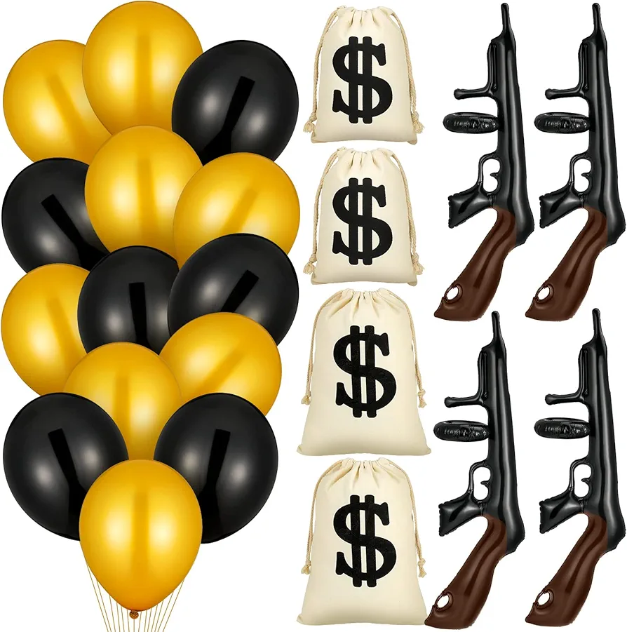 Shappy 32 Pcs Inflatable Gun Props Canvas Money Bag Pouch Set Black and Gold Balloons 1920s Party Decorations with Drawstring Closure Guns Favors 20s Cosplay Theme Birthday Accessories