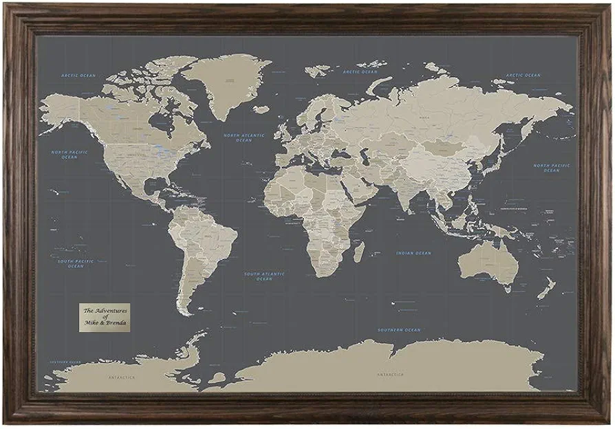 Push Pin Travel Maps Customizable Wall Art - Earth Toned World - Solid Wood Brown - Personalized Framed Pin Map, Includes 150 Pins - Handcrafted in USA - 27.5" x 39.5"