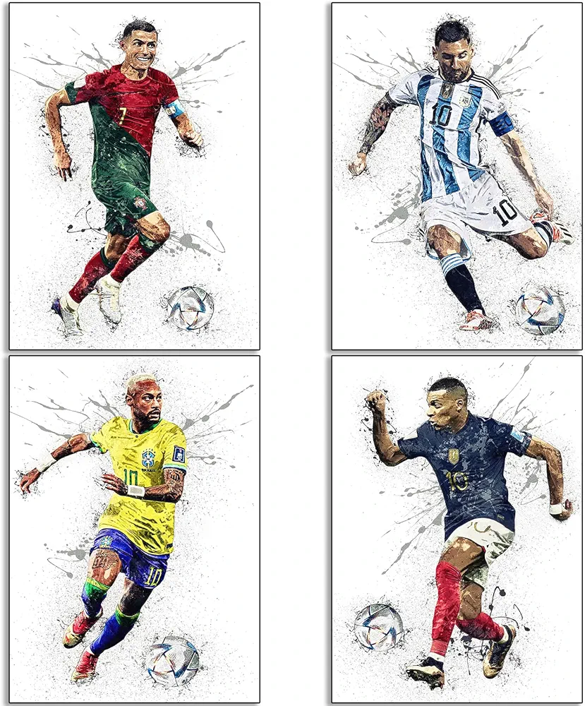 Messi, Ronaldo, Mbappe, Neymar Posters Soccer Canvas Art Poster Wall Art Print Set of 4 Gifts for Boys Living Room Bedroom Decor Unframed: 8x12inch(20x30cm)