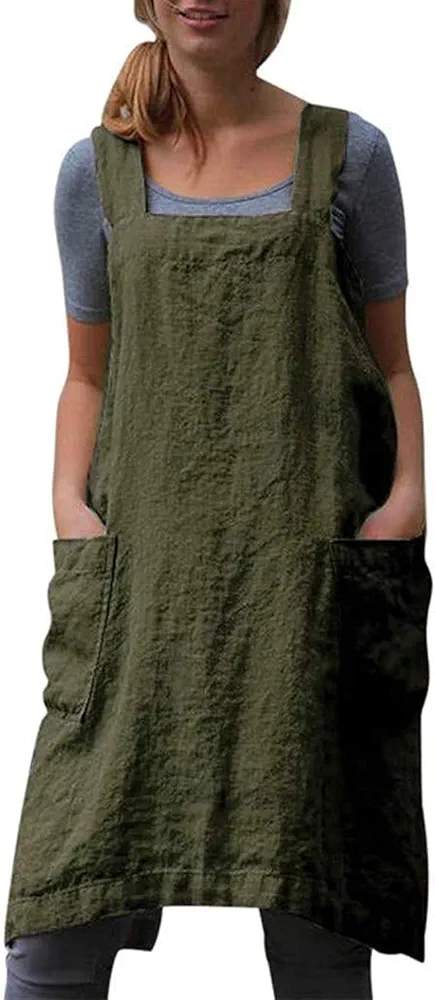 Cotton Linen Apron Cross Back Apron for Women with Pockets Pinafore Dress for Baking Cooking