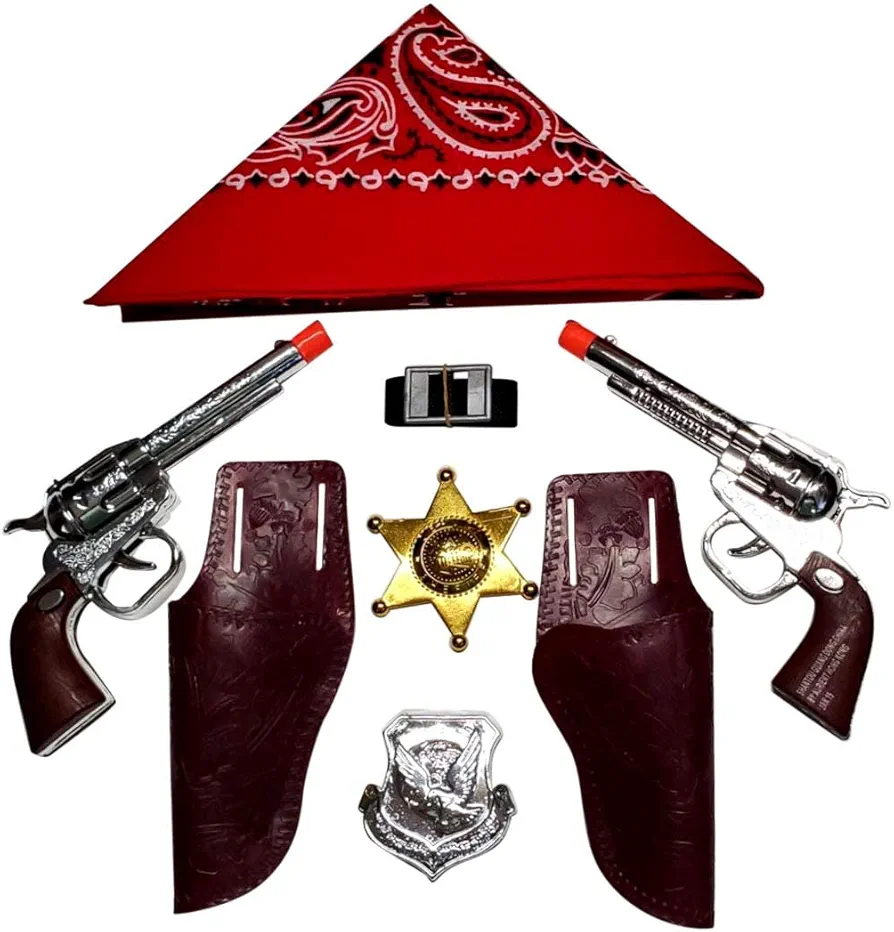Children's Western Cowboy Toy Set Brown and Chrome Colored Finish, Red Bandana and Silver and Gold Badge 1 of Each Item by Imprints Plus - 7"