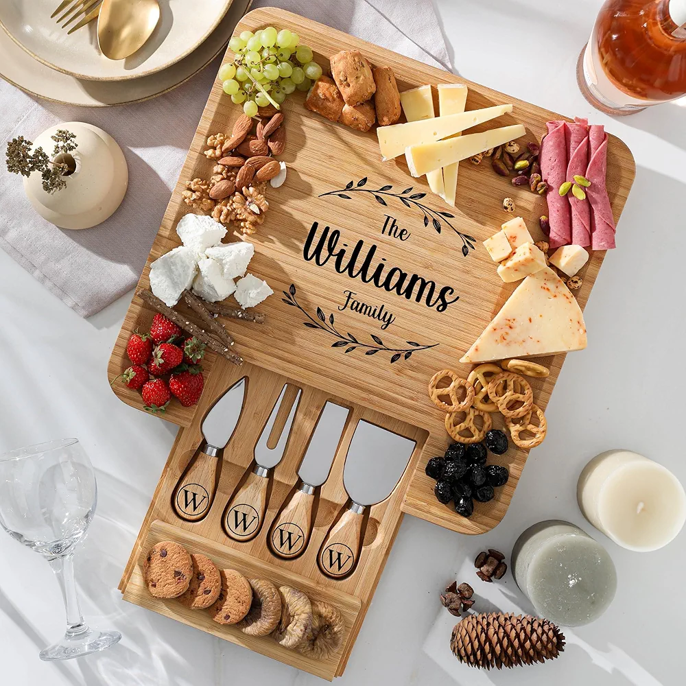 Personalized Charcuterie Boards Gift Set, Custom Engraved Cheese Board, Christmas Gifts for Mom Wedding Gifts for Couples, Bridal Shower, Birthday, Housewarming New Home Gifts for Family or Women