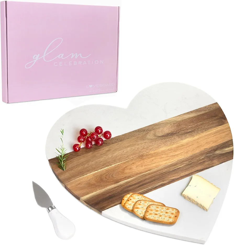 Heart Shaped Charcuterie Board, Acacia Wood And Marble Charcuterie Board Personalized With Cheese Knife, Cute Monogram Heart Cutting Board, Heart Shaped Cutting Board (Plain Board)