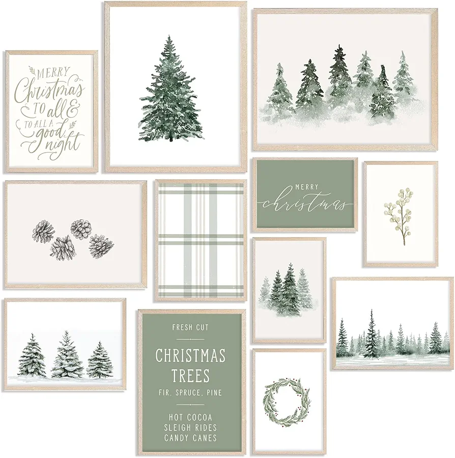 Whaline 12Pcs Christmas Wall Art Prints Watercolor Xmas Pine Tree Forest Paper Posters Winter Picture Decoration for Party Gallery Living Room Office, Unframed