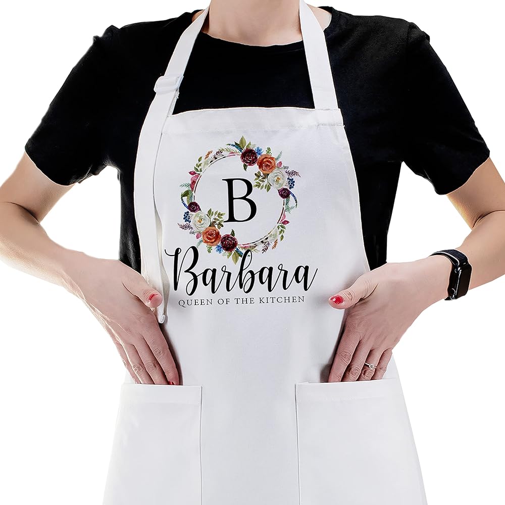 Personalized Kitchen Aprons Floral Initial Design w/Name Text - Customized Women Cooking Apron w/Pockets Custom Chef White Gifts for Baking Bbq Grill Funny Mujer Cocina Delantal C1, Standard