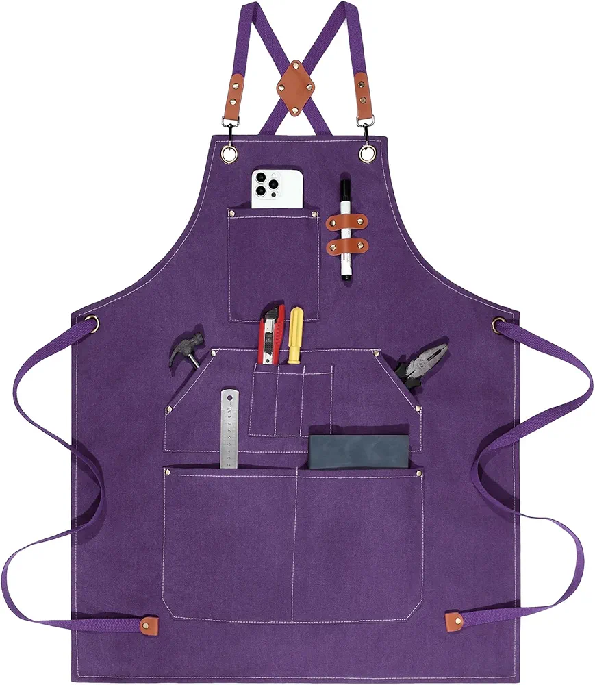 Work Aprons for Men Women with 9 Pockets Chef Apron 14oz Cotton Canvas Cross Back Aprons Heavy Duty Apron Purple Tool Apron for Woodworkers Kitchen Cooking Apron Waterproof Apron Size M to XXL