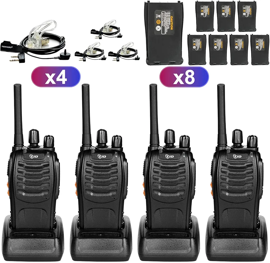 TIDRADIO TD-V2 Walkie Talkies for Adults with Earpiece and 8 Battery 2 Way Radios Walkie Talkies Long Range with Flashilght Two Way Radio Rechargeable for Business or Family (4 Pack)