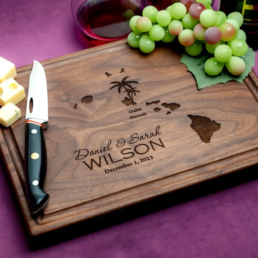 Straga Personalized Cutting Boards | Handmade Wood Engraved Charcuterie | Custom Wedding, Anniversary, Eloping Gift for Couples, Destination Wedding (Hawaiian Islands Design No.807)