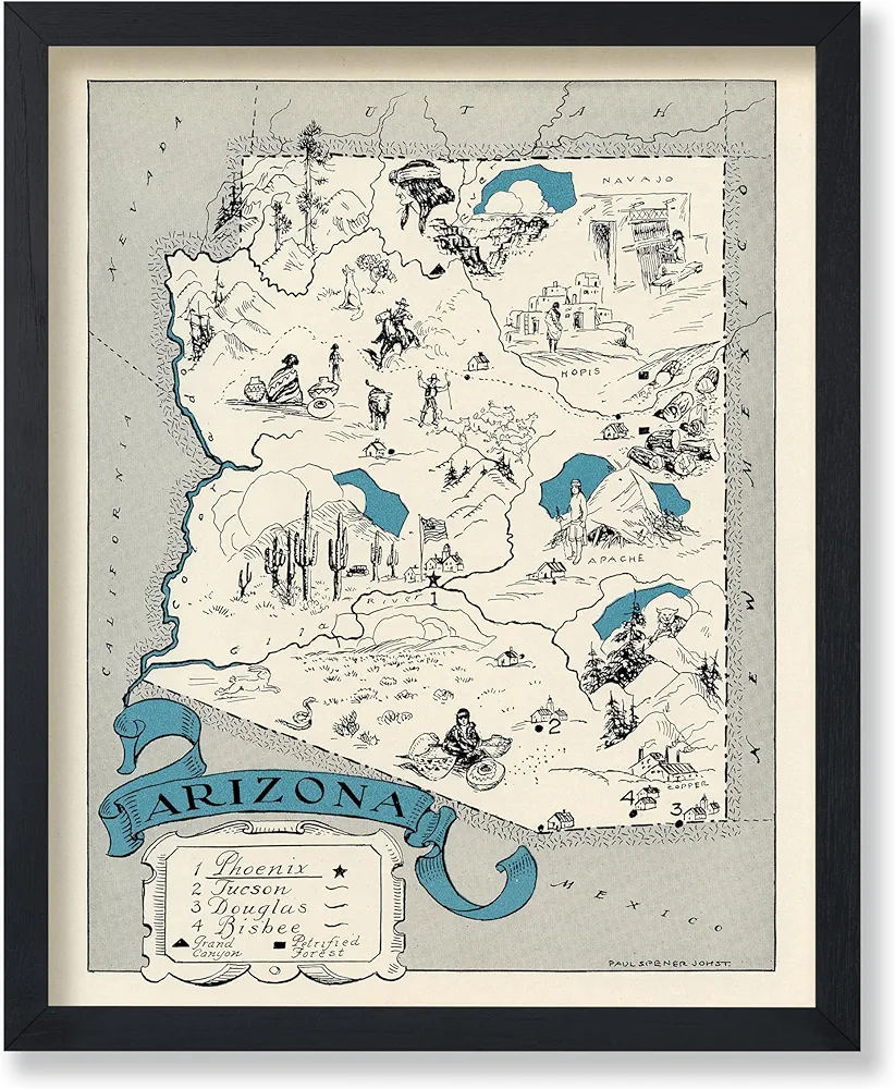 Poster Master Vintage Map Poster - Retro Arizona Map Print - Arizona State Map Art - Gift for Teacher, Student, Travel Lover - Wall Decoration for Classroom, Office, Dorm - 8x10 UNFRAMED Wall Art