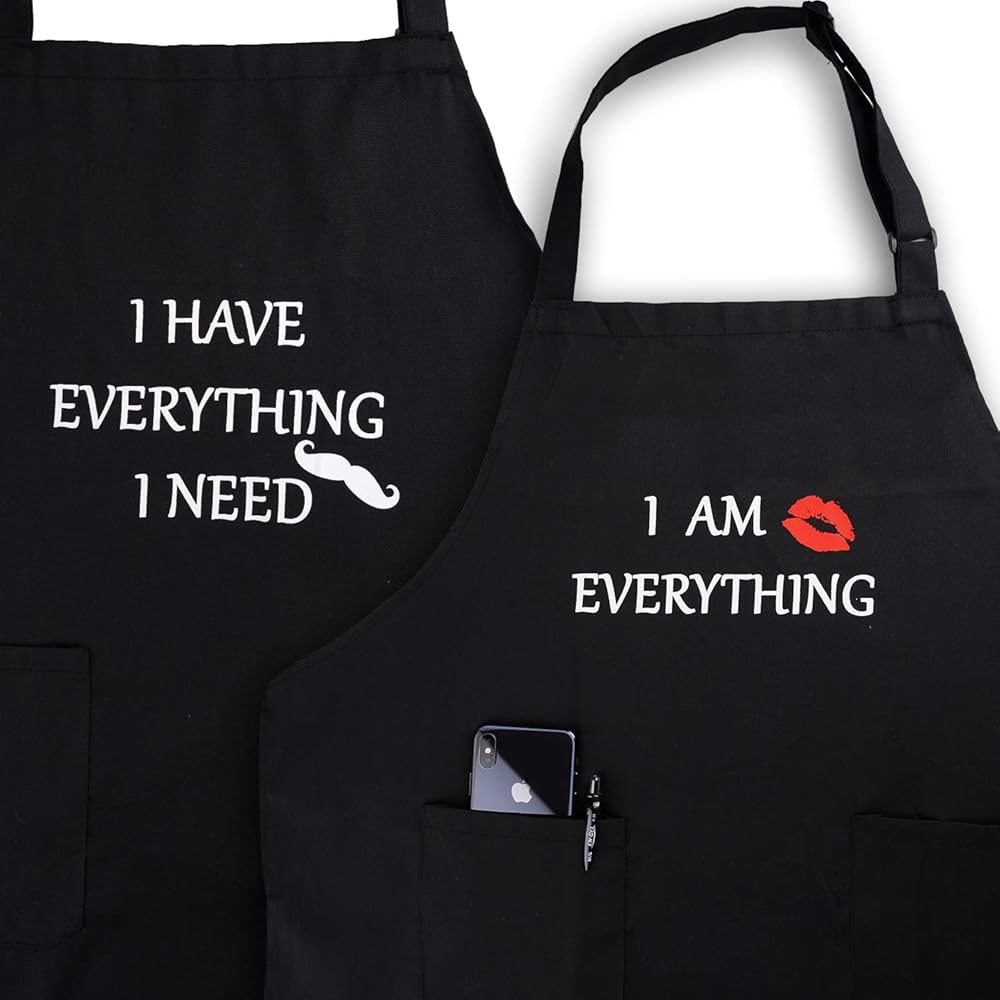 YIKA Apron Couples, Christmas Gifts for Couples: Waterproof Aprons for Women Men, with Adjustable Neck Strap with Extra Long Ties, 2 Pockets (Black)