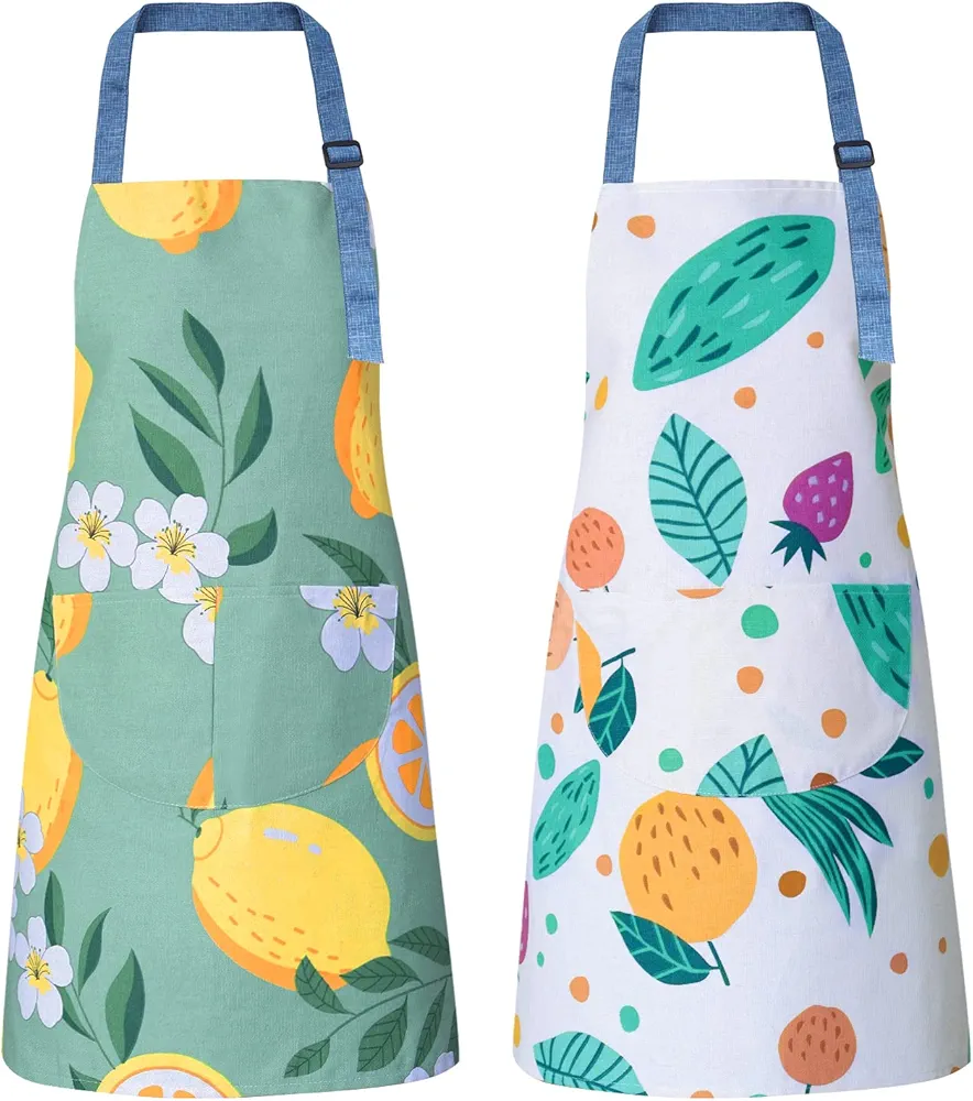 ATROPOS 2 Pack Floral Apron for Women with Pockets, Cooking Aprons for Women, Adjustable Bib Apron Chef Aprons for Kitchen, Gardening,Cooking, BBQ, Cleaning