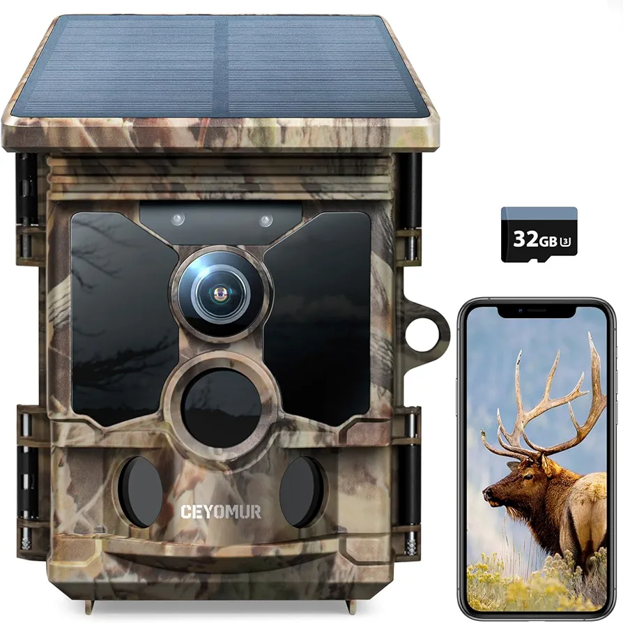 CEYOMUR 4K 30fps Solar Trail Camera, WiFi Bluetooth 46MP Game Camera, Trail Camera with 120°Detection Angle Night Vision Motion Activated IP66 Waterproof for Wildlife Scouting with 32GB Micro SD Card