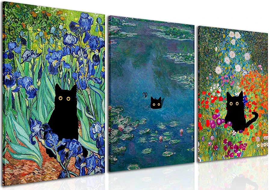 Monet Wall Art Set of 3 - Funny Cat in Water Lilies Canvas Paintings Prints, Garden Flowers Black Cat Aesthetic Pictures for Room Bedroom Living Room Bathroom 12x16 Framed