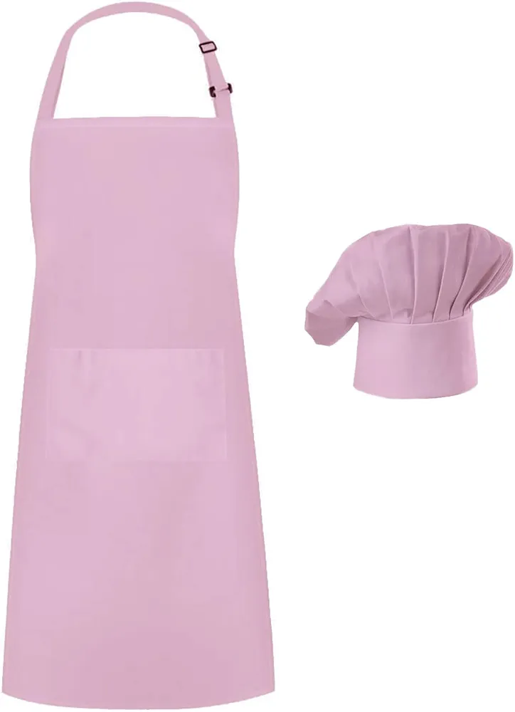 Hyzrz Chef Apron Hat Set, Chef Hat and Kitchen Adult Adjustable Baker Costume Apron for Men and Women Father's Gift (Pink)