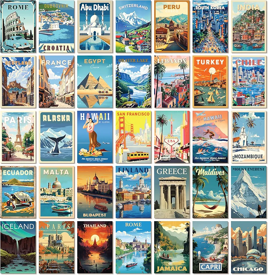 97 Decor Vintage Travel Decor - Travel Posters Wall Art Prints, Vintage Postcards from Around The World, City Landscape Aesthetic Pictures Retro Popular Cities Photo Collage Kit for Teen Bedroom (4x6)