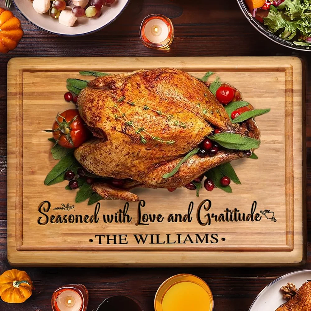 Personalized Turkey Platter for Thanksgiving - Custom Serving Carving Board with Juice Groove - Engraved Wooden Thanksgiving Essentials Gift for Couple