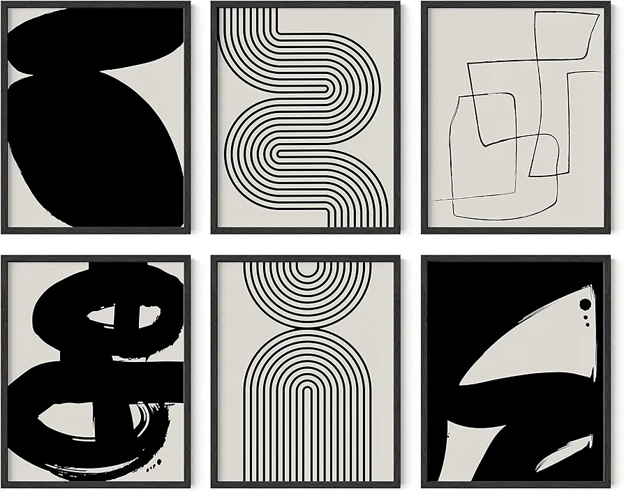 HAUS AND HUES Black Abstract Painting Aesthetic Wall Art - Set of 6, Modern Abstract Wall Art Black and Gray, One Line Abstract Art, Geometric Print Wall Art, Minimalist Wall Art (Black Frame, 8x10)