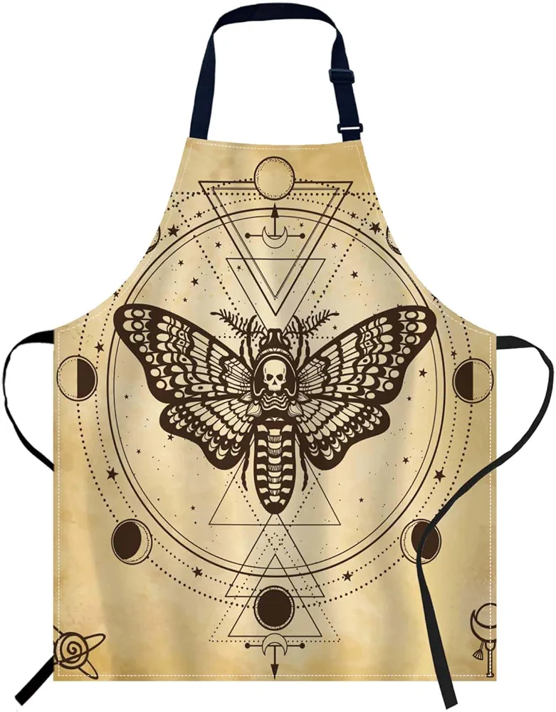 oFloral Mystical Butterfly Moth Dead Head Moon Wings Vintage Apron Adjustable Apron Cooking Kitchen Chef Women Men Aprons for Home Kitchen, Restaurant, Coffee House, Baking Gardening BBQ