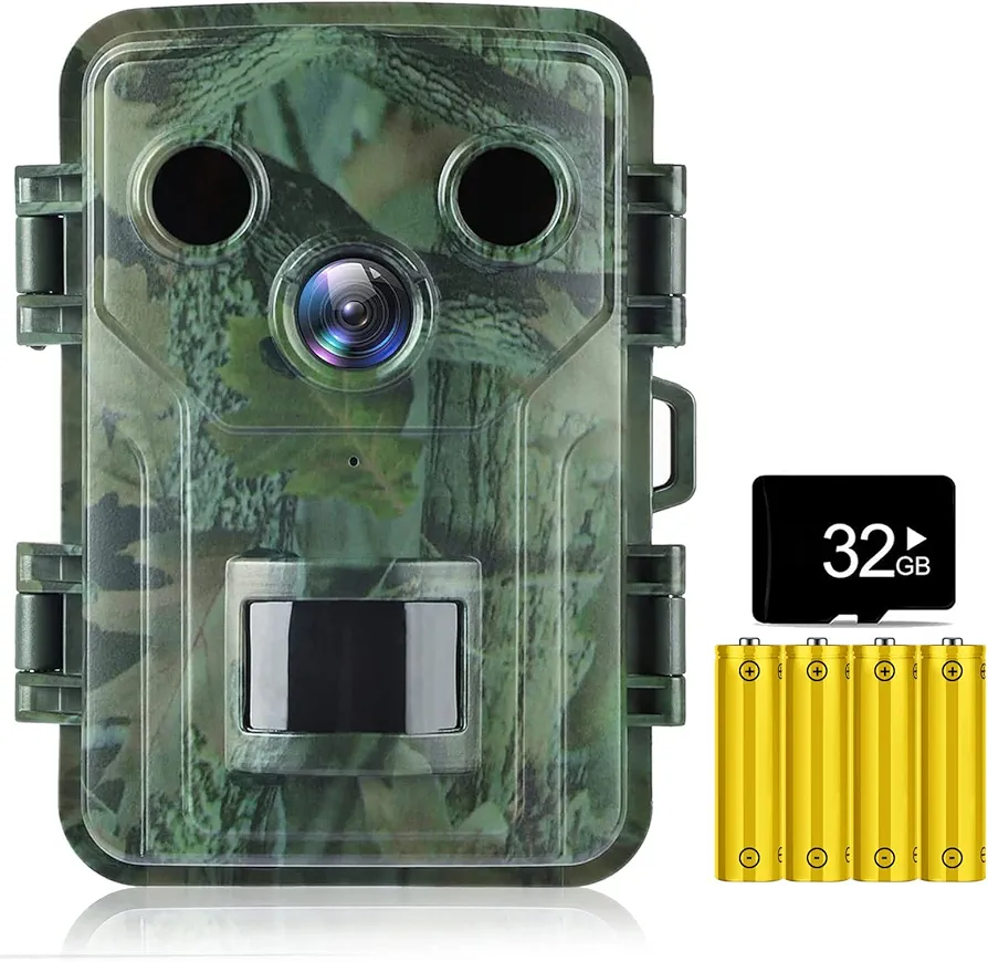 Mini Trail Camera 20MP 1080P, 120°Wide-Angle Hunting Camera with 4AA Batteries & 32GB SD Card, IP66 Game Camera with No Glow IR Night Vision 0.2S Motion Activated for Trail Hunting