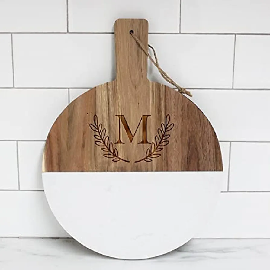 Cheese Board, Personalized Round Wood Marble Cutting Board, Initial Marble Cheese Board Charcuterie Boards, Round Cheese Board (Round Wood & Marble)