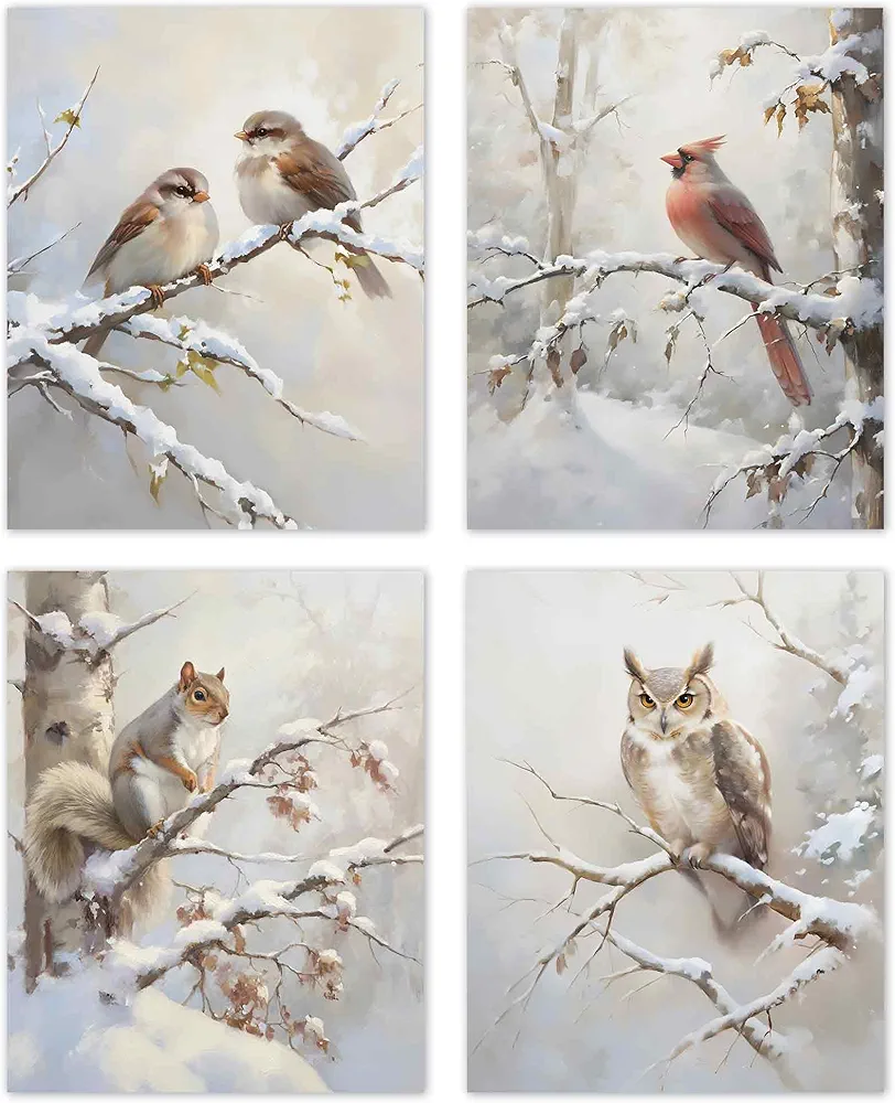 TLESKE Winter Christmas Woodland Animals Posters Prints Unframed Set of 4 for Home Bedroom Living Room Nursery, Snowy Forest Jungle Wall Art Prints Decor, Cardinal Owl Squirrel Birds Wall Pictures, 8x10in