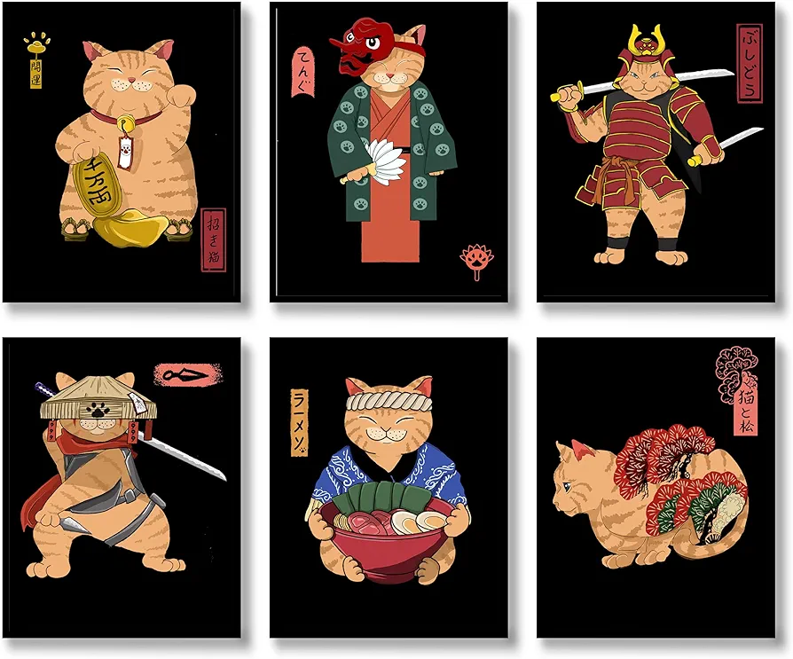 Samurai Cat Wall Art Prints Set of 6 Japanese Cat Posters Japan Bushido Wall Decor Kung Fu Cat Paintings Funny Cat Sushi Photo Picture Canvas Art Painting for Living Room Hallway Kitchen Wall
